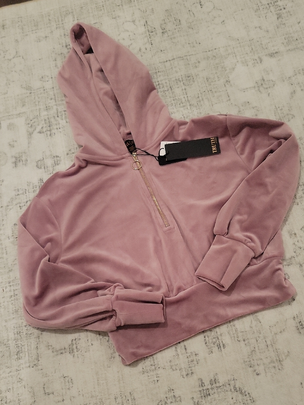 Truth Velvet Half-Zip Hoodie in Mauve Pink